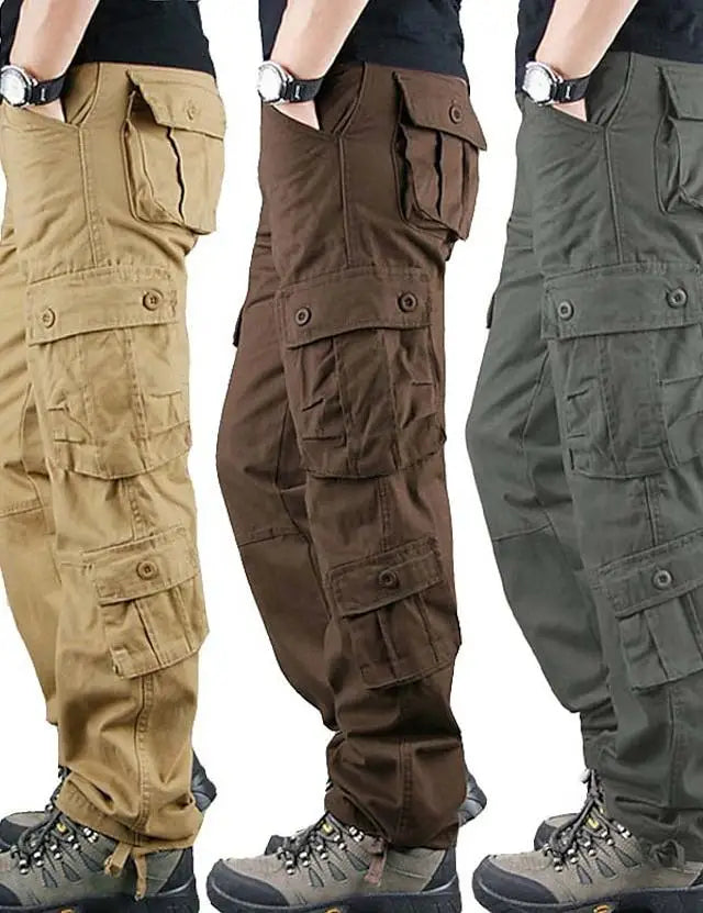 Men's Casual Cotton Cargo Pants Large Size Mid Waist Work Style Autumn Breathable Windproof Multi-Pockets Zipper Fly Straight
