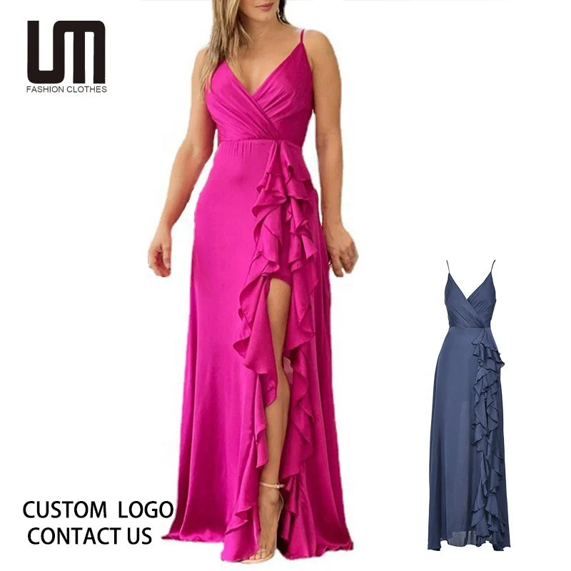OEM Summer Women Sexy Deep V Neck Sleeveless Backless Ruffle Hem Long Dress - Fashion Irregular Hem Maxi Dress for Beach Party