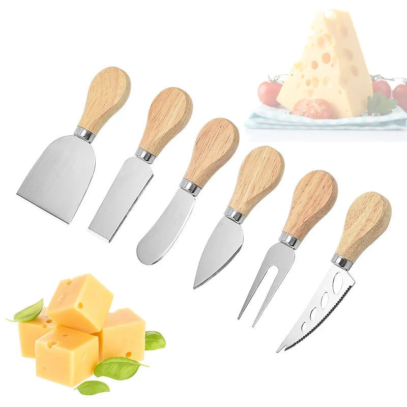 Hot Sale Stainless Steel 6 PCS Set Cheese Cutlery Set Cheese Butter Knife and Fork Set with Log Wooden Handle