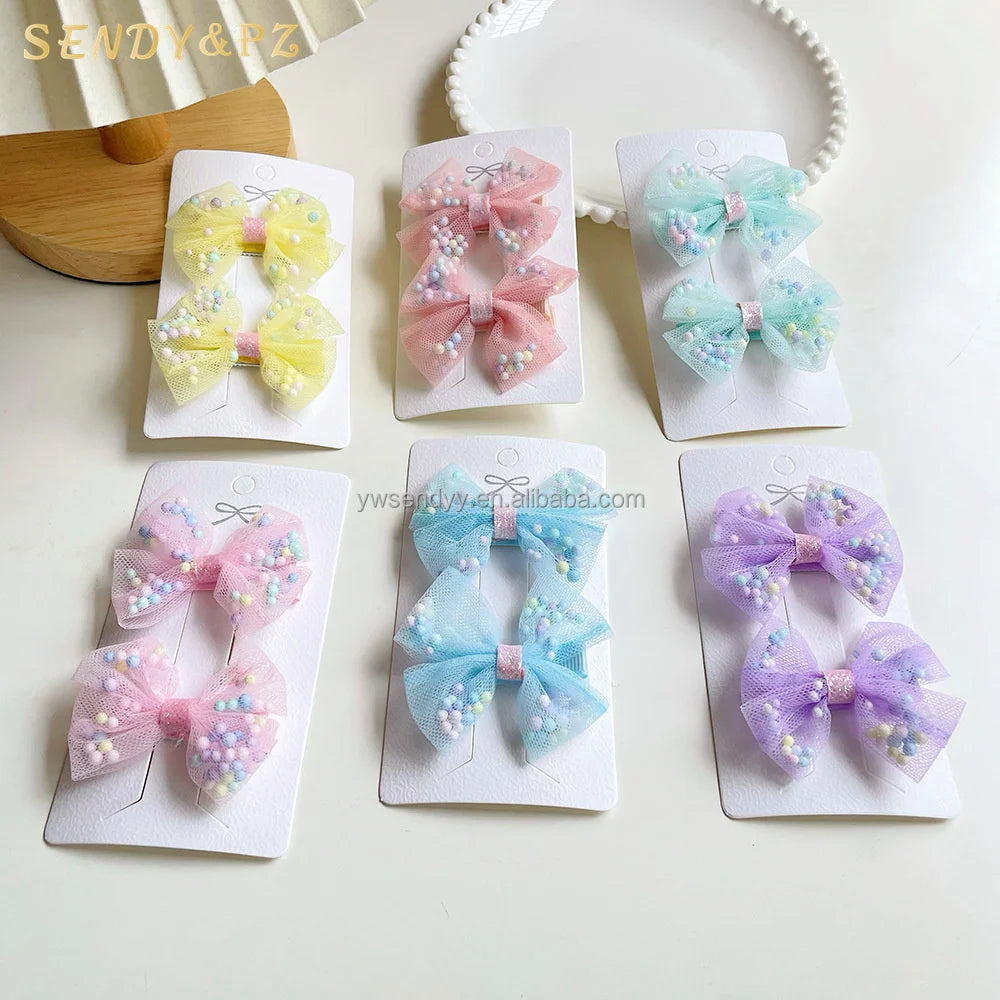 New Design Cute 2Pcs/Set Mesh Yarn Beads Bows Hairpins Bowknot Clips Children Kid Accessories