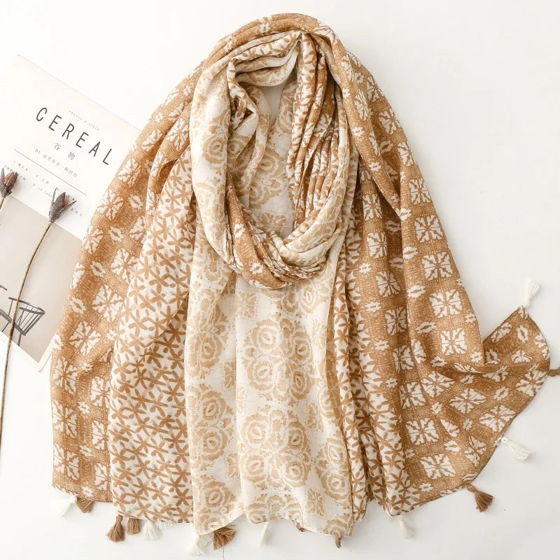 New Arrivals Floral Printed Cotton Feeling Shawls 180*90cm Long Large Scarves with Tassels for Women Head Wrap Viscose Hijabs