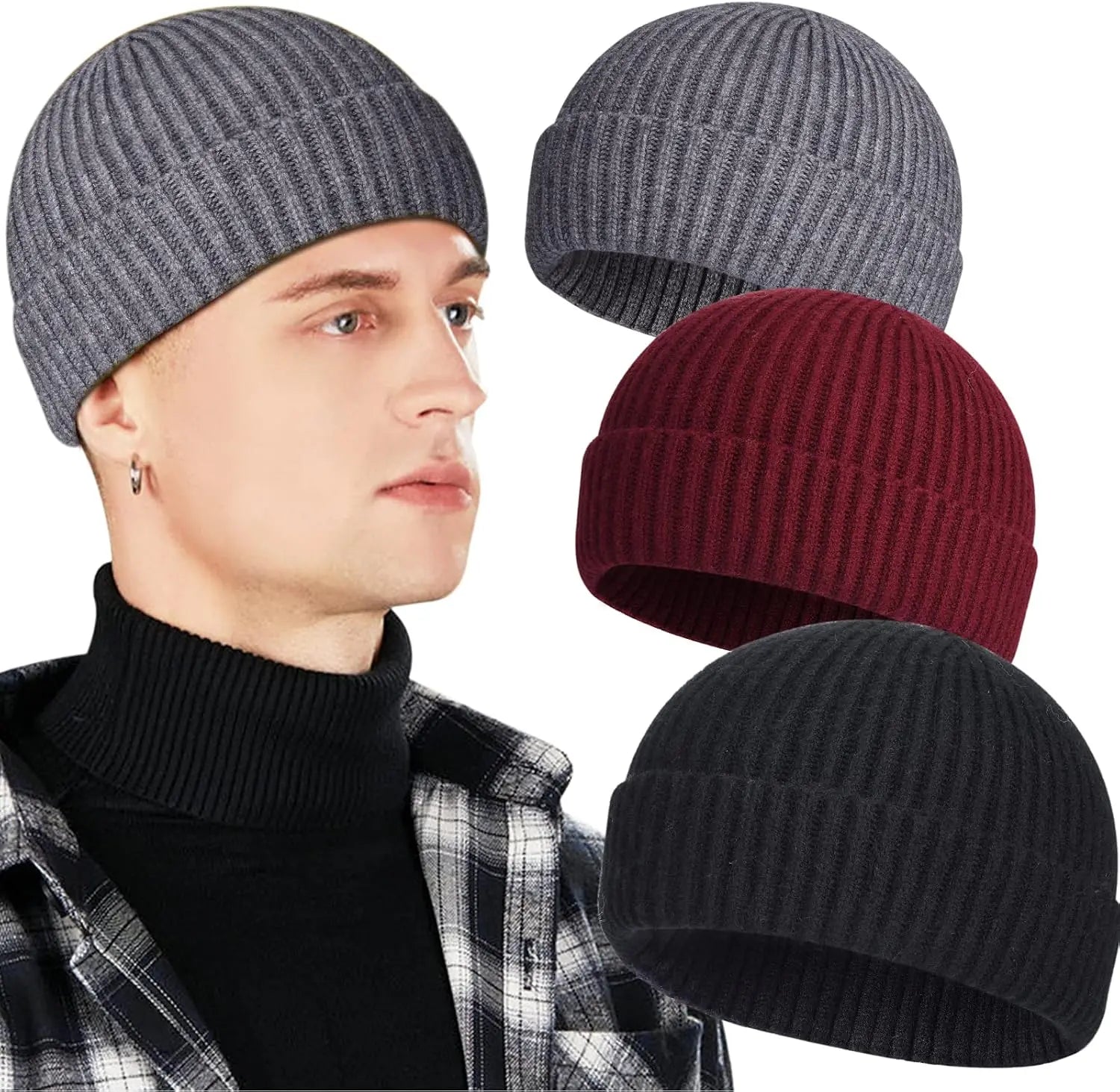 Winter Men Brimless Beanies Hat Short Knit Watch Cap Cuffed Trawler Hats
