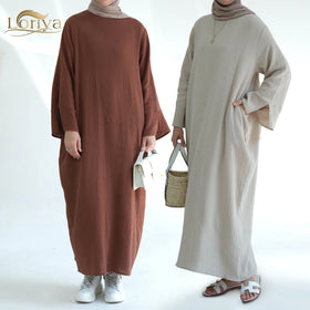 Loriya Quality Comfortable Plain Dress Long Sleeves Winter Women's Cotton Long Dress With Pockets Abaya Women Muslim Dress