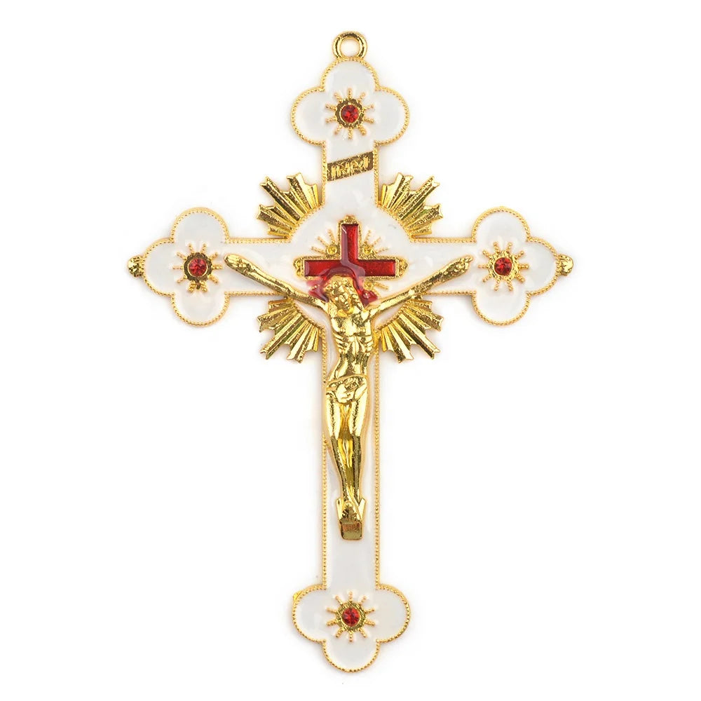 Religious Golden Jesus Crucifix Large Size 120x85mm Red White Catholic Cross Pendant
