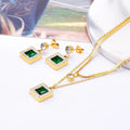 2 Layers Square Emerald Green Zircon Gold Plated Stainless Steel Pendant Necklace Earrings Set Flat Snake Chain for Party
