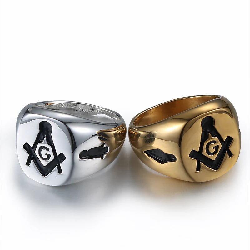 Trendy Punk Custom Logo Engraved Freemason Signet Rings Glod Plated Stainless Steel Men's Jewelry Rings