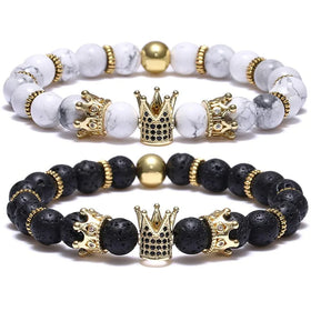 Wholesale Custom Make Jewelry Men's Matte Bead Bracelet lava Stone White Turquoise Copper Diamond Crown Bracelet