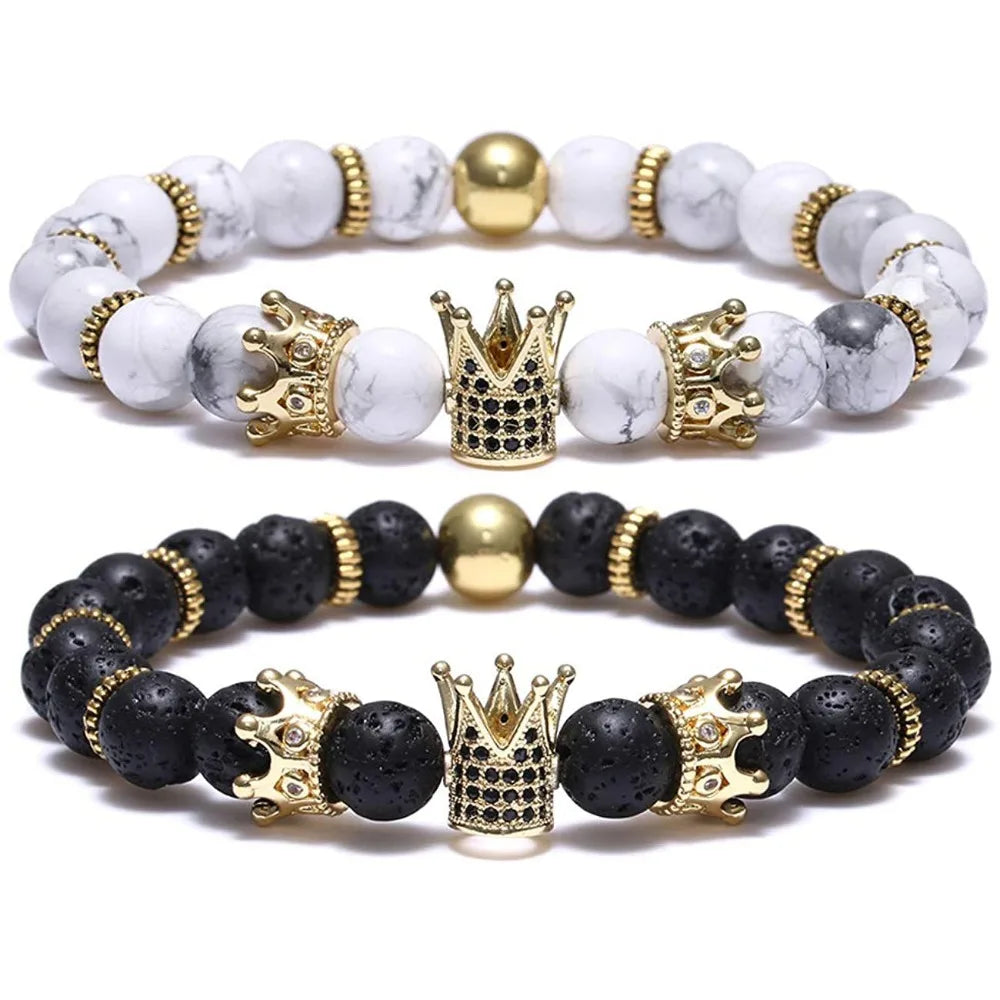 Wholesale Custom Make Jewelry Men's Matte Bead Bracelet lava Stone White Turquoise Copper Diamond Crown Bracelet