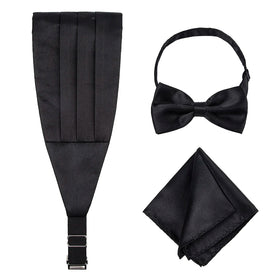 Mens Bowtie Wholesale Party Black Solid Color Glossy Polyester Satin Wedding Gift Set Cummerbund Bow Ties Pocket Squares