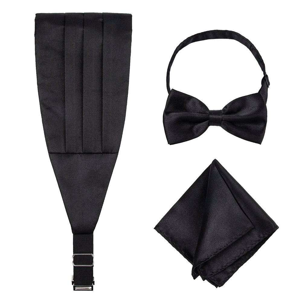 Mens Bowtie Wholesale Party Black Solid Color Glossy Polyester Satin Wedding Gift Set Cummerbund Bow Ties Pocket Squares