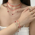 Wholesale New Women Valentine Day Red Heart Charms Gold Thin Chain Layered Stackable Bracelet Set