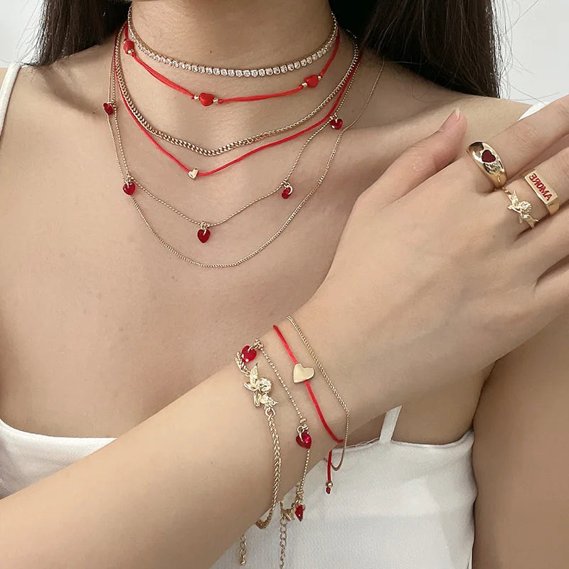 Wholesale New Women Valentine Day Red Heart Charms Gold Thin Chain Layered Stackable Bracelet Set
