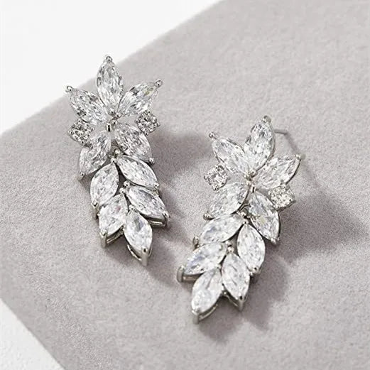 CAOSHI Wedding Jewelry Flower Silver Plated Long Earrings for Women Luxury Cubic Zirconia Crystal Leaf Shape Drop Earrings