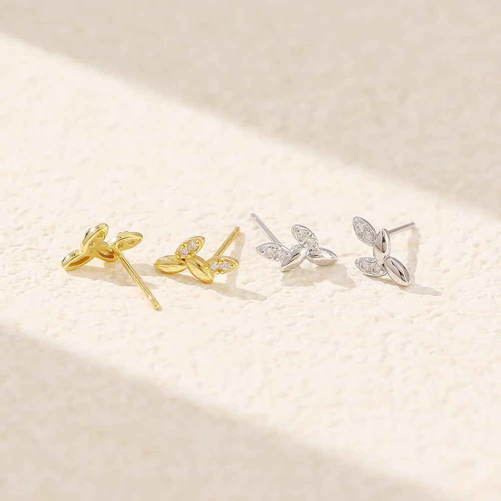 NEW Fashion Jewelry 925 Sterling Silver Irregular Leaf Shape Diamond Cubic Zircon Gold Plated Stud Earring Jewelry for Women