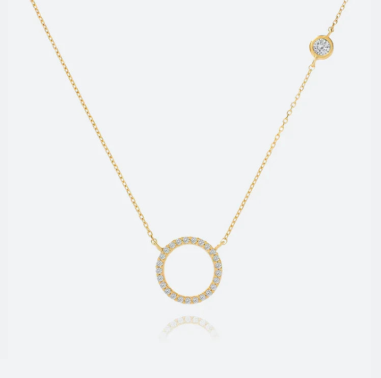 Factory Wholesale Customized Gold Plated S925 Silver Circle Pendant Solitaire Bezel CZ Aftergrow Necklace for Women