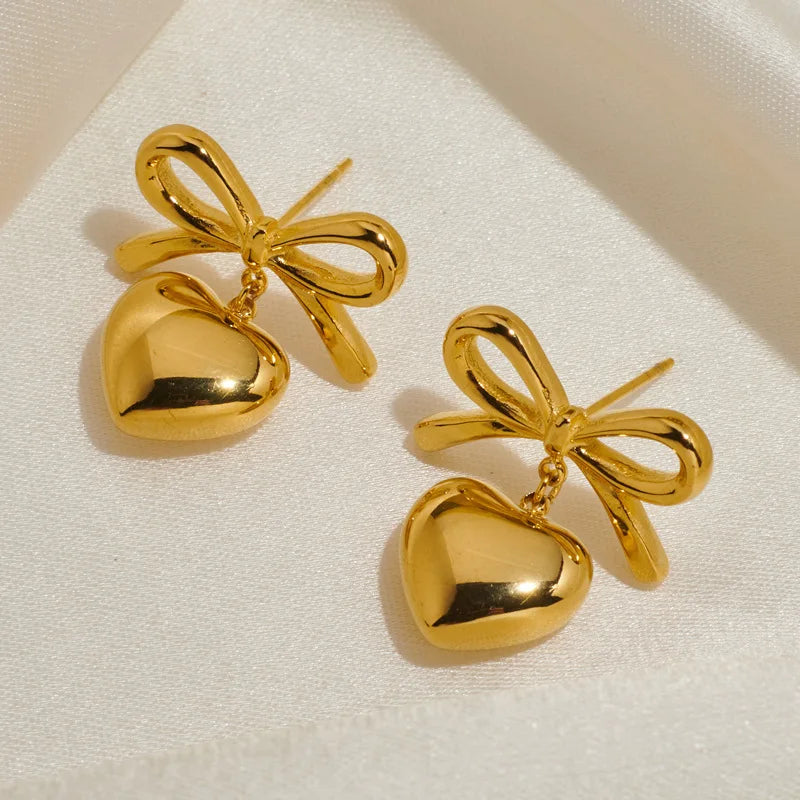 Bow Gold Plated Stainless Steel Earrings Bow Heart Drop Earrings High Quality Earrings Jewelry for Women