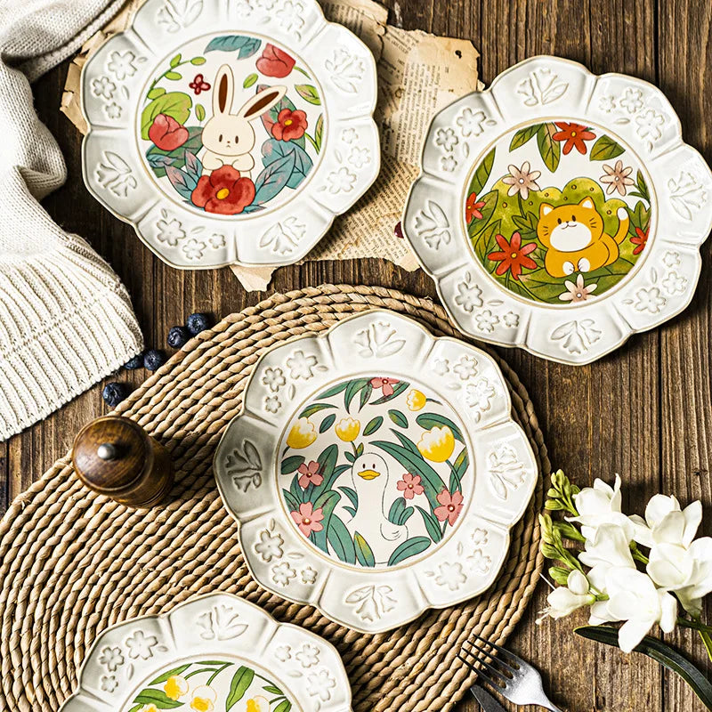Ins Kiln Change Retro Hand-painted Ceramic Dinner Plate Color Glazed Flower and Animal Dessert Plate