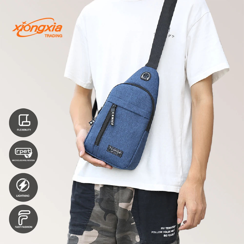 New Fashion Men's Chest Bags with Custom Logo Anti-Theft Nylon School Bags Featuring USB Crossbody Sling Design