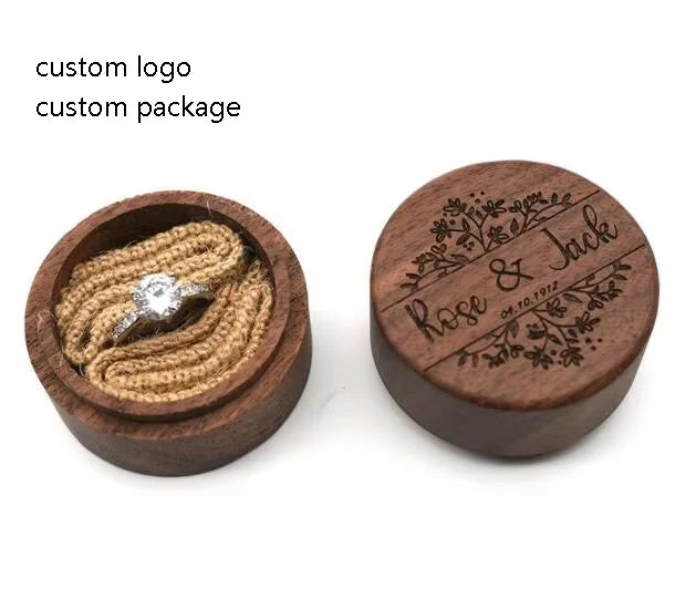 Custom logo Rustic Jewelry Box Walnut Small Rotating Jewelry Wedding Engagement Wood Wooden Hexagon Ring Box