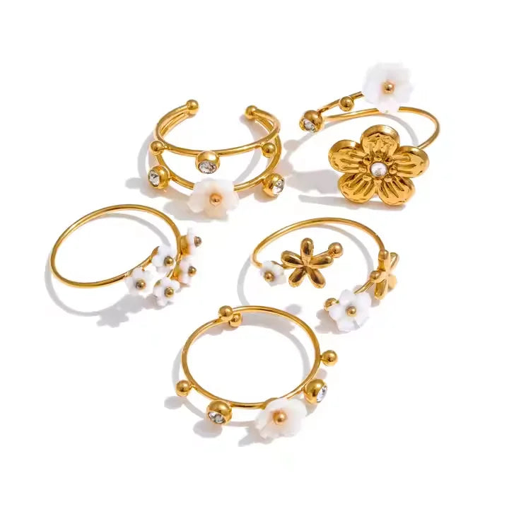 Wholesale Luxurious 18K Gold Stainless Steel Flower Ring for Women Geometric White Shell Bezel Set with Zircon Anniversary Gift