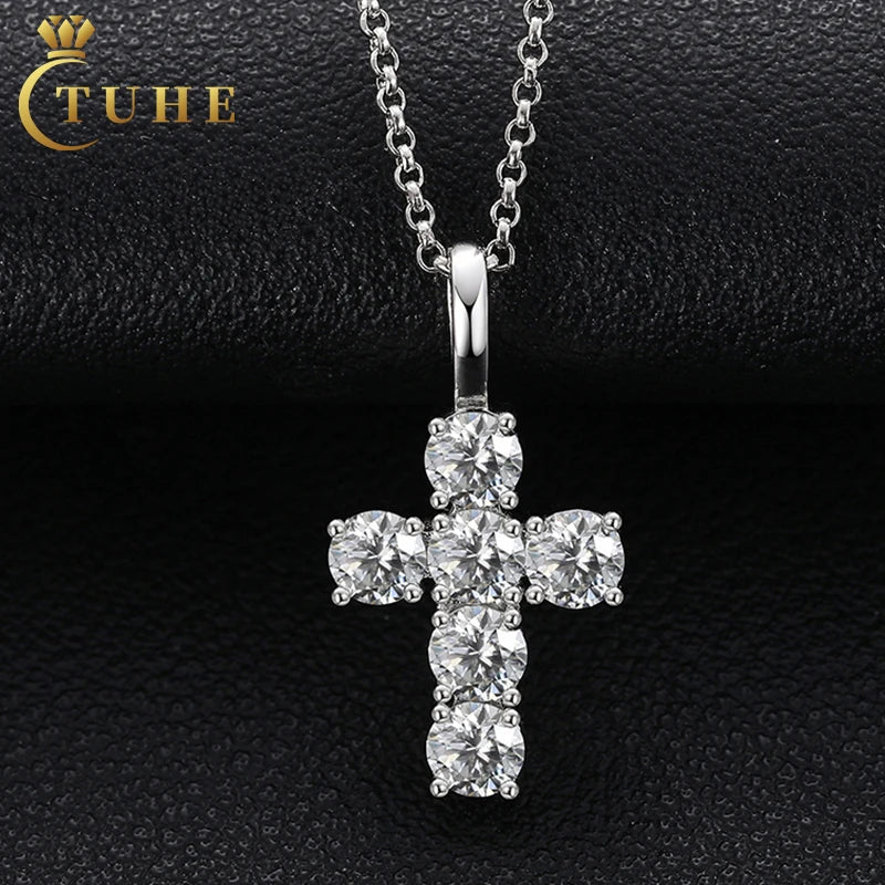 Bling Iced Out Mens Women Jewelry Gift 925 Sterling Silver Christian Pendant 4mm VVS Moissanite Cross Pendant Necklace