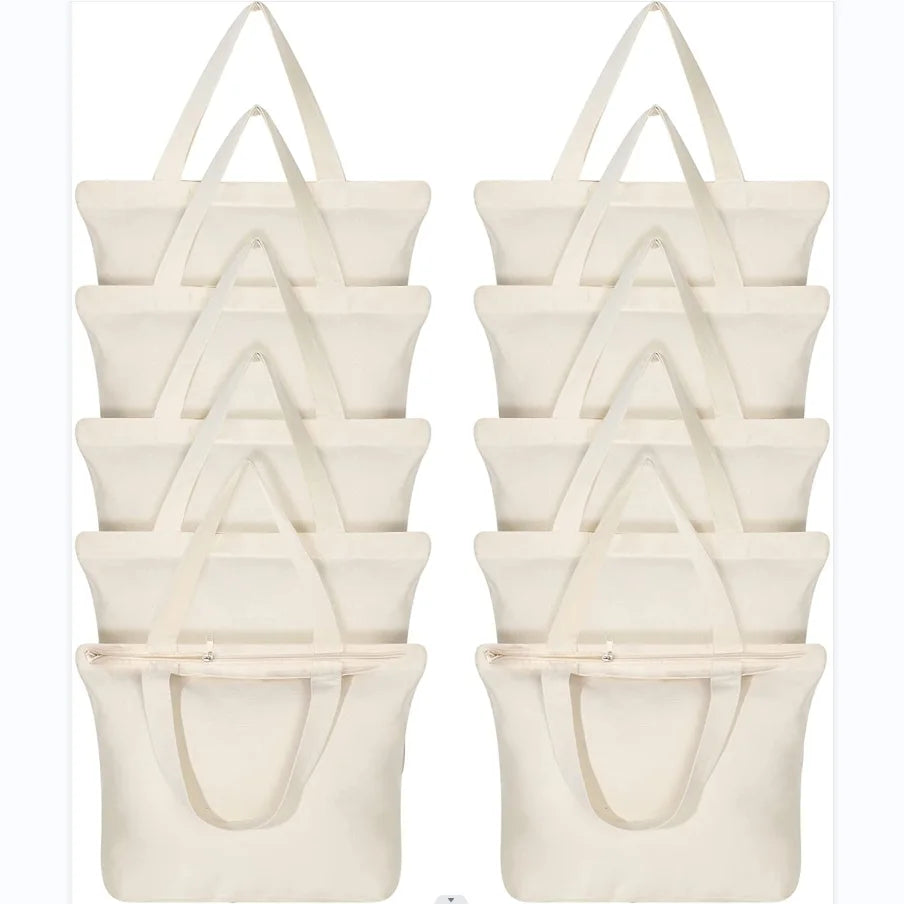 Natural Custom Medium Tote Bag with Zipper Adjustable Buckle Reusable Canvas Grocery Bag Cotton Handles Plain Shopping Totes