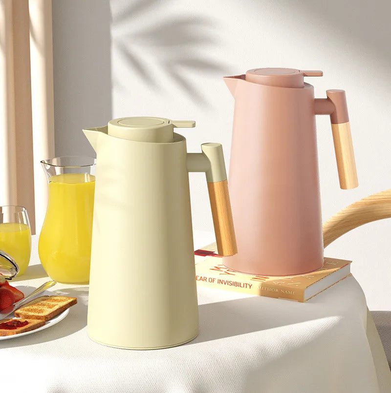 New Arrival Nordic Style Portable 1L Double Wall Vacuum Glass Inner Plastic Water Kettle Wooden Handle 6-12 Hours Thermal