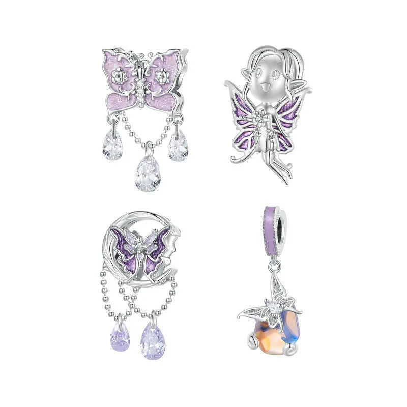 Wholesale 925 Sterling Silver Mystic Purple Flower Charm Bead Butterfly Pendant Fit Original Bracelet DIY Necklace Jewelry