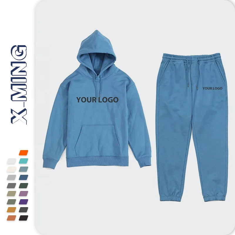 Custom logo Jogging Suit Polyester/ Cotton Sportswear Man Sweatsuit Thick Heavy Tracksuits Unisex Sweatpants and Hoodie Set Men