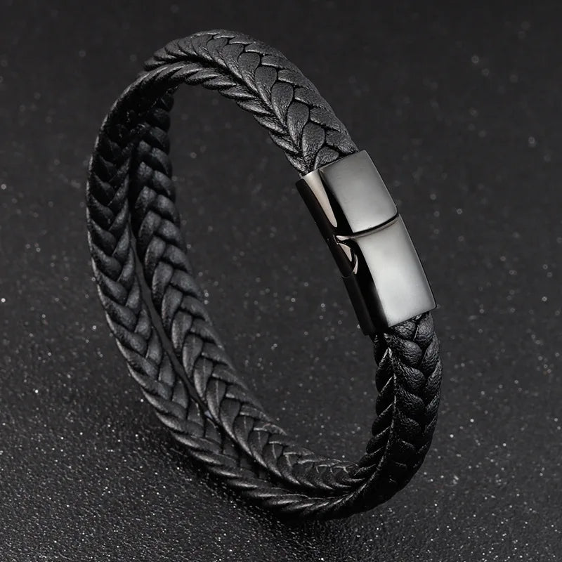 Fashion Stainless Steel Magnetic Clasp Bracelets Handmade Braided Multi Layer Genuine Leather Bracelet Unisex Friendship Jewelry