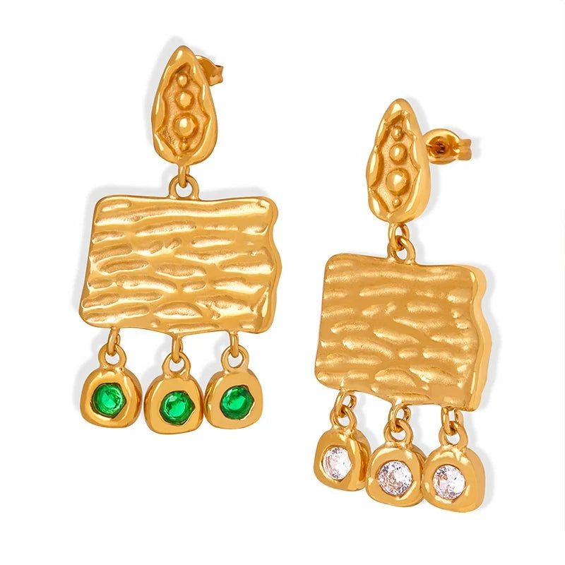 Bohemia Baroque Style Trendy Hypoallergenic Jewelry 18k Gold Plated Stainless Steel Rectangle Shape Tassels Cz Earrings