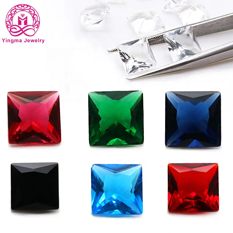 Wholesale Synthetic Gemstones 3x3mm - 8x8mm Various Sizes Blue Red Emerald Green square Cut Colored Glass Stones