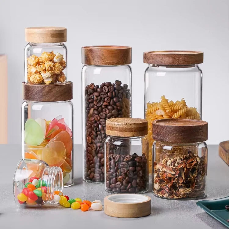 Set Kitchen Dry Airtight Glass Jar Storage Tanks Wood Lid for Food Storage Cooking Utensil Convenient Solution for Your Kitchen