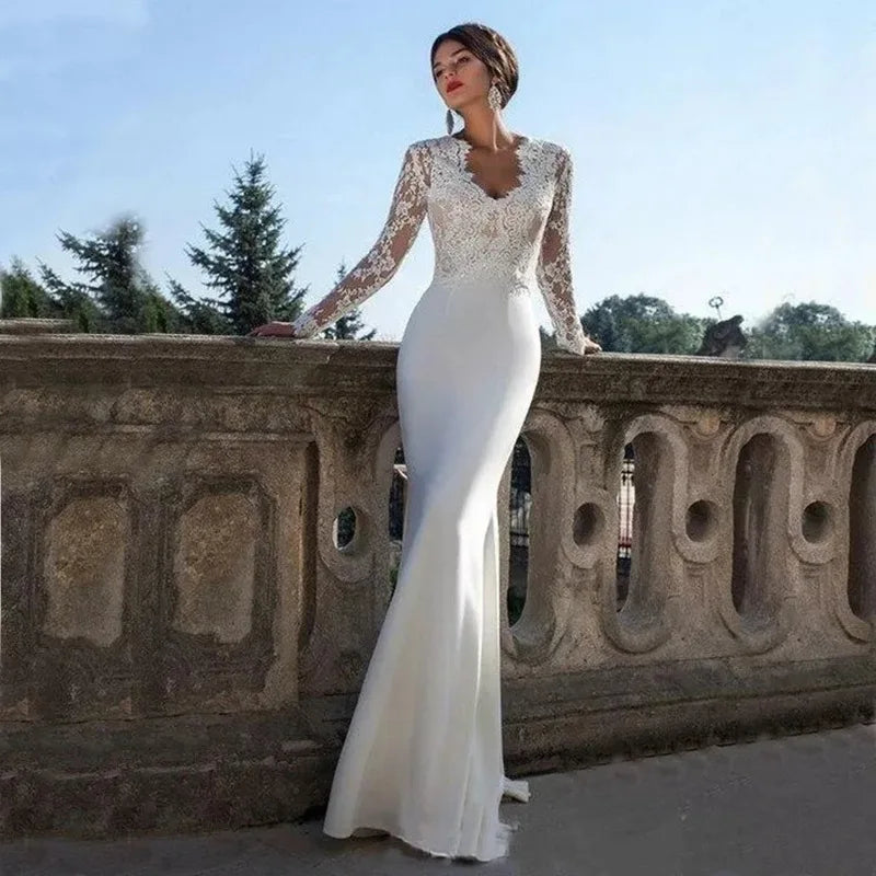 Women V-Neck Zipper Bride Robe Long Sleeve Appliques Bridal Gowns Mermaid Trumpet Wedding Dresses