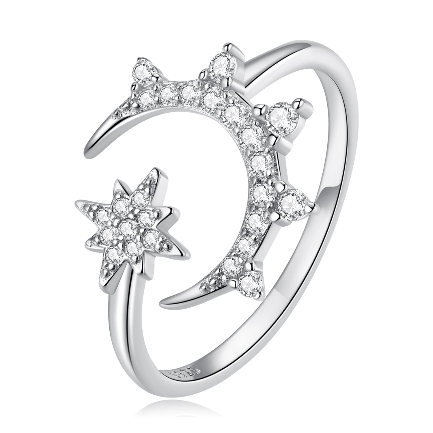 925 Sterling Silver Star and Moon Adjustable Ring Pave Setting CZ Zircon Open Ring for Women Anniversary Gift BSR300