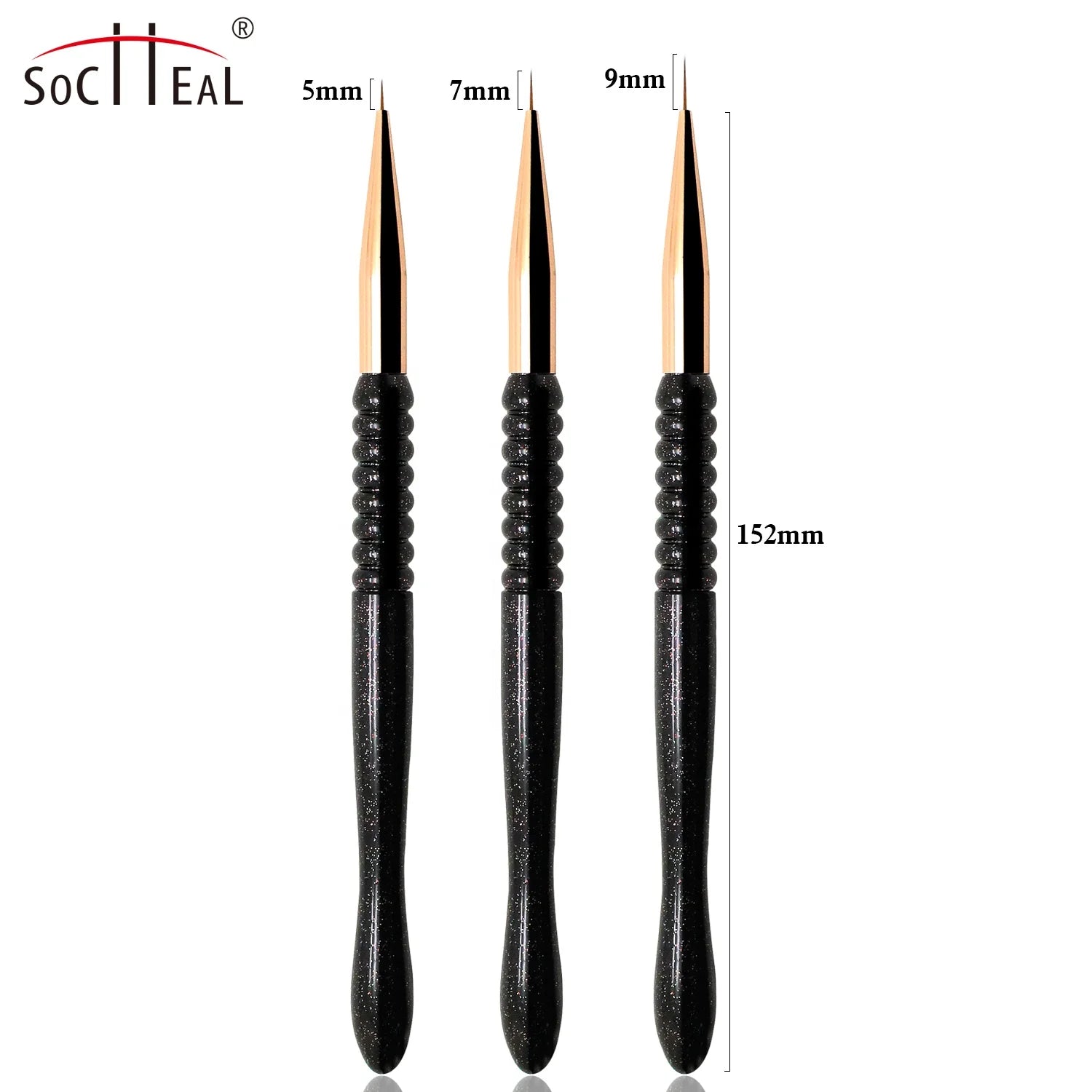 Luxury Black Glitter Handle with Rose Gold Ferrule Nylon Hair 3pcs 5mm7mm 9mm Liner Nail Brush Set
