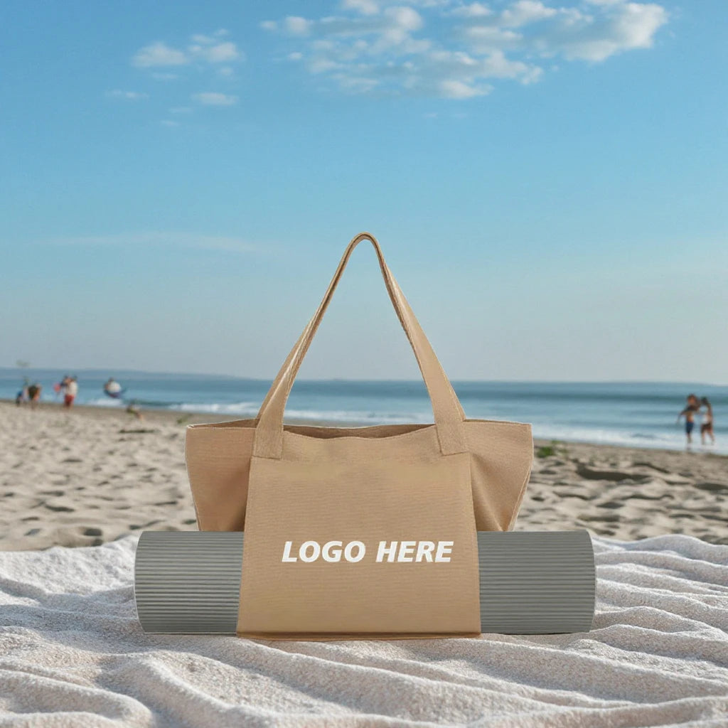 Canvas Tote Bag with Yoga Mat Carrier Pocket Carryall Cotton Shoulder Bag for Office Workout Pilates Travel Beach and Gym