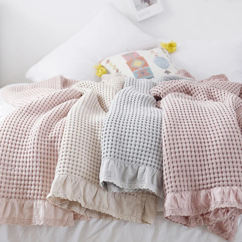 Korean Style 100% Cotton Waffle Weave Blanket Stock Towels Sofa Cover for Office Air Conditioning Solid Pattern Throw Blanket