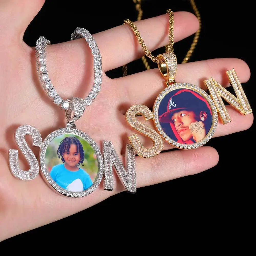 Custom "Son" Photo Pendant with Round Necklace Men Women Iced Pendant Memory Pendant Necklace