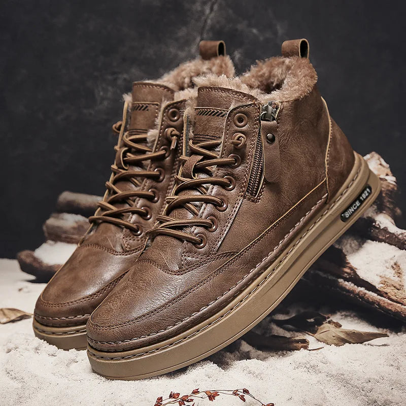 Men Autumn Winter Boots Lightweight Black PU Leather Sneakers Lace-up Zipper Flat Platform Walking Shoes