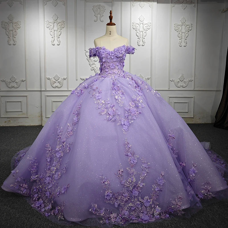 Lilac Sweetheart Quinceanera Dresses 3D Flower Applique Sweet 15 Party Ball Gown 5834