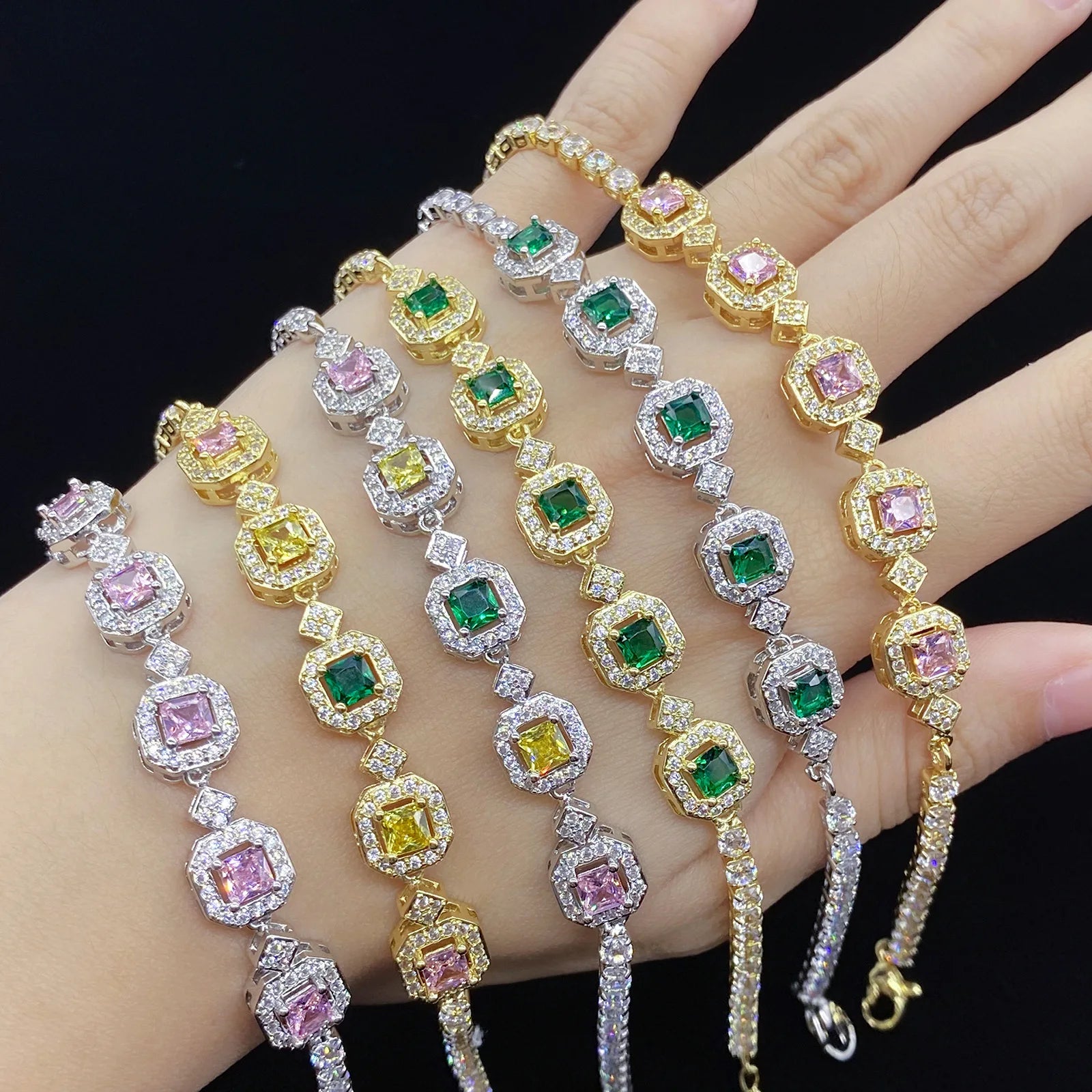 Colorful Silver Gold Plated CZ Stone Cubic Zirconia Tennis Square Bracelet Custom Crystal Bracelets for Women Girls Jewelry