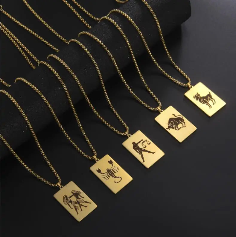 Simple Jewelry Hot Classic Twelve Constellations Necklace square Birthstone Stainless Steel Pendant Necklace Trendy Jewelry