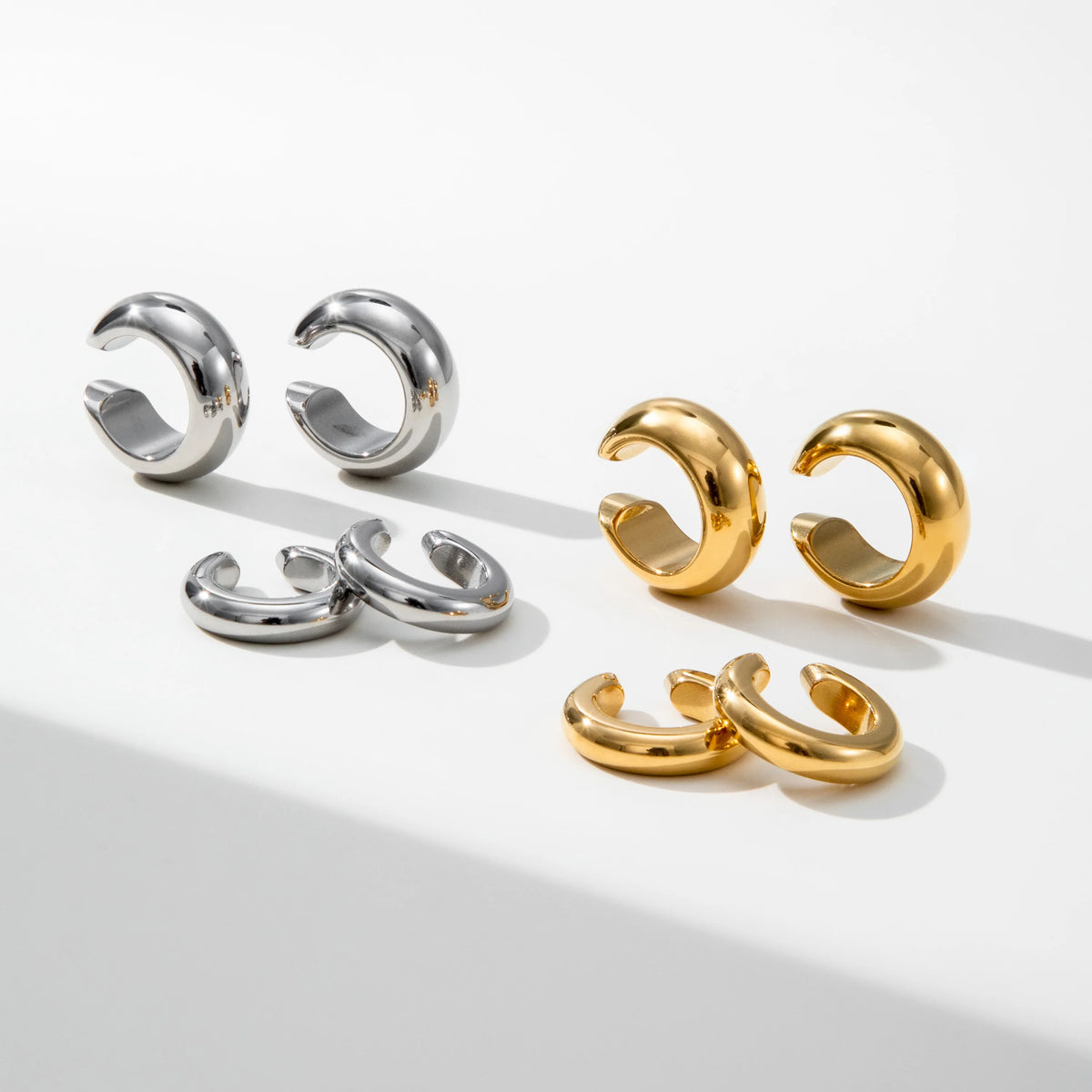 YF3349 Waterproof Stainless Steel 18K Gold Plated Chunky Ear Cuff Hypoallergenic 3MM 6MM Thick Cc Ear Buckle Clip on Earrings MegaBDM