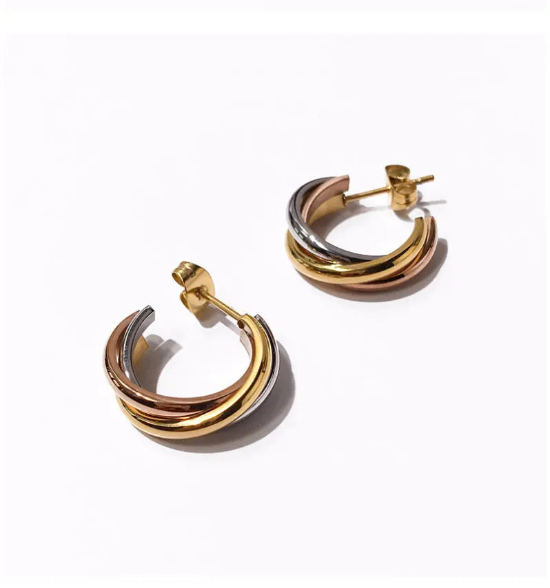 Three-Color Titanium Steel Huggie Earrings Small C-Shaped Trendy Alloy Jewelry with Zircon Symbolizing Love