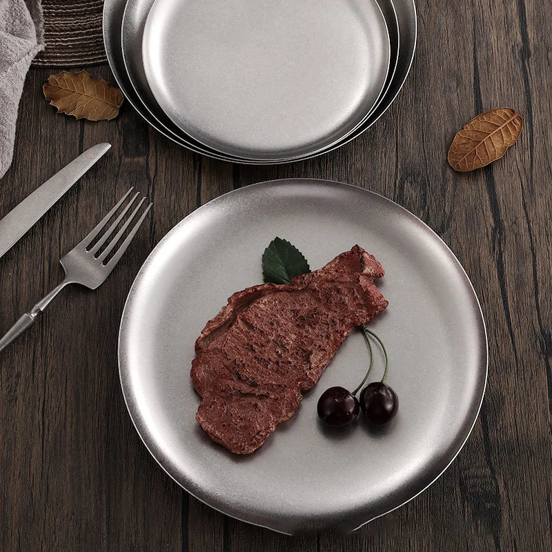 Korean Retro Round Matte Korea Style Metal Bbq Dishes Stainless Steel Food Serving Plates for Restaurant European Metal Plate