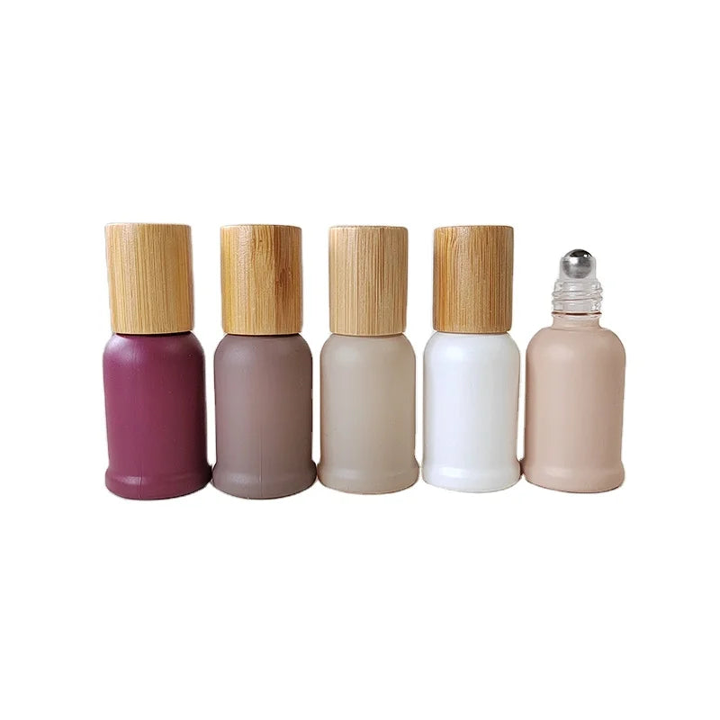 Unique Style Morandi Glass Roll-on Bottle 10ml Essential Oils with Steel Roller and Bamboo Cap