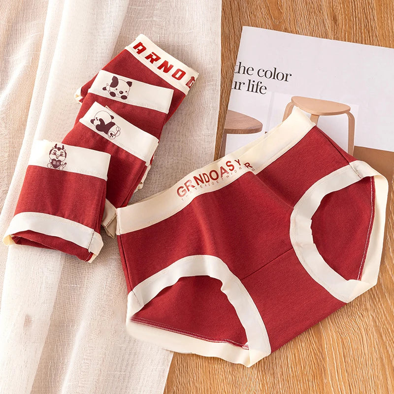 FINETOO 2023 Hot Women Red Cotton Panties Christmas New Year Underwear Lady Breathable Comfortable Underpants