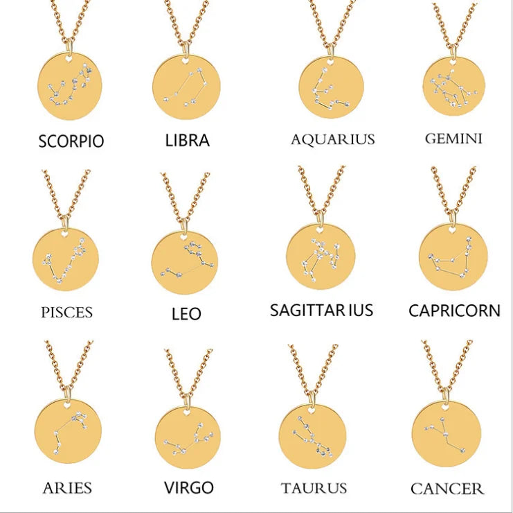 Gold Plated Stainless Steel Custom Engraved Zodiac  Series Round Disc Necklace Zircon Horoscope 2cm Disk Choker Necklace