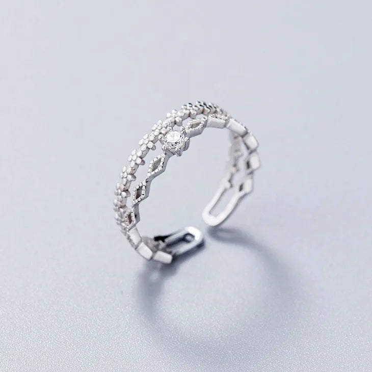 Unique Design 925 Sterling Silver Double Row CZ Pave Finger Ring S925 Women J4728